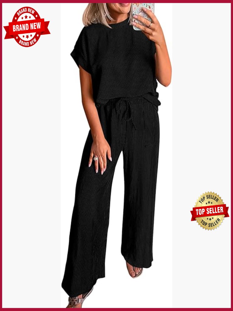 2 Piece Lounge Set Ribbed Knit Tops Wide Leg Pants Travel Outfits